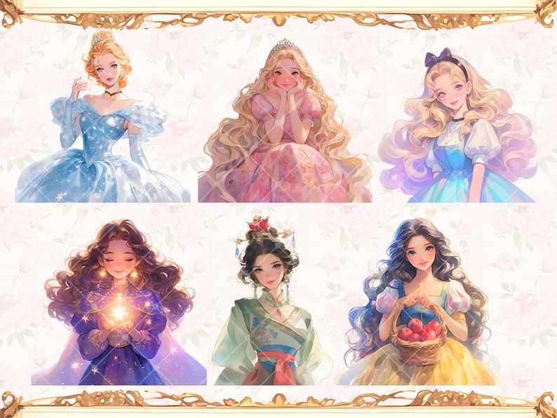 May include: A digital illustration of six princesses in various poses. The princesses are wearing colorful dresses and have long flowing hair. The background is a soft pink with white flowers.