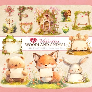 Paquete de 26 imágenes prediseñadas de animales del bosque para San Valentín, animales lindos, etiquetas en blanco, elementos de la naturaleza del bosque, PNG, manualidades, sublimación, proyectos de bricolaje