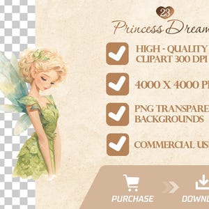 May include: A digital illustration of a fairy with blonde hair and a green dress. The fairy has wings and is surrounded by a light blue background. The image is labeled "Princess Dreams" and includes information about the image's quality, size, and usage.