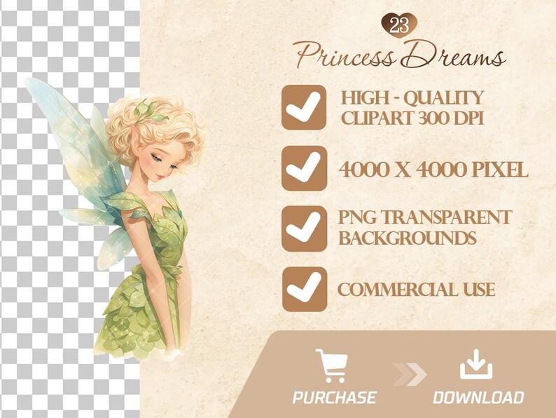May include: A digital illustration of a fairy with blonde hair and a green dress. The fairy has wings and is surrounded by a light blue background. The image is labeled "Princess Dreams" and includes information about the image's quality, size, and usage.