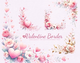 Valentine Border Clipart Bundle, Red, Pink Heart, Rose, Love Border, Instant Download, Scrapbooking, Journaling, DIY Crafts, Commercial Use
