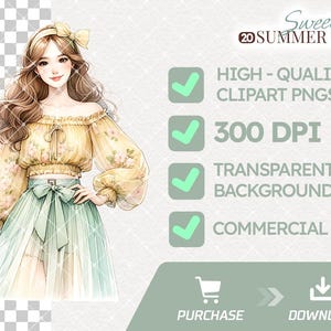 Puede incluir: Una ilustraci&oacute;n digital de una mujer con cabello largo y casta&ntilde;o que lleva un top amarillo sin hombros con flores y una falda de tul verde. La imagen tiene un fondo transparente y una resoluci&oacute;n de 300 DPI. Sweet 20 Summer Girl. Im&aacute;genes PNG de clipart de alta calidad. Uso comercial.
