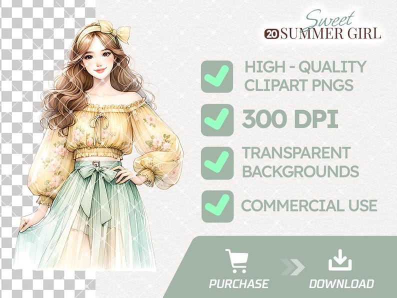 Puede incluir: Una ilustraci&oacute;n digital de una mujer con cabello largo y casta&ntilde;o que lleva un top amarillo sin hombros con flores y una falda de tul verde. La imagen tiene un fondo transparente y una resoluci&oacute;n de 300 DPI. Sweet 20 Summer Girl. Im&aacute;genes PNG de clipart de alta calidad. Uso comercial.