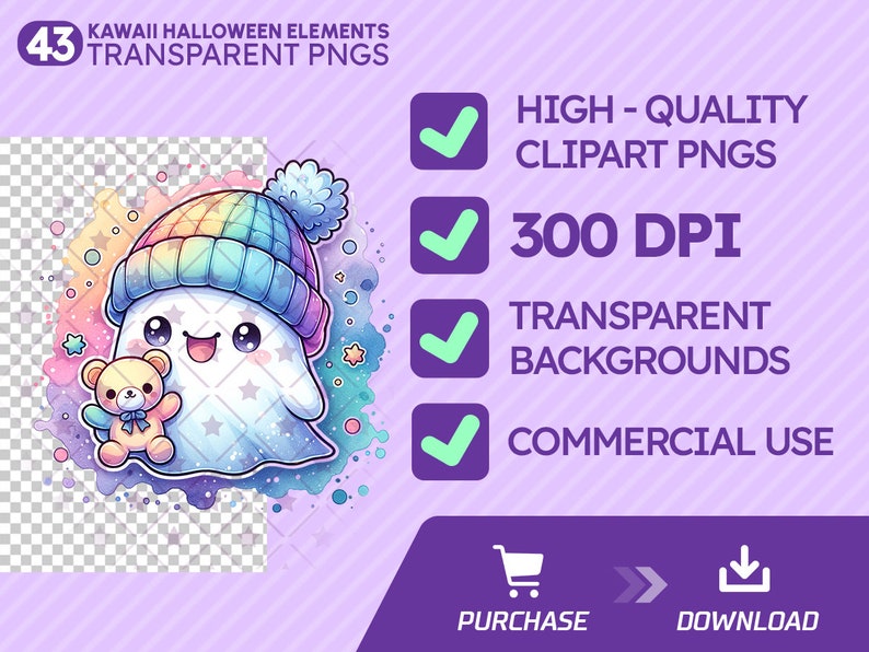 Watercolor Kawaii Halloween Clipart Bundle, Pastel PNG Graphics (Digital Download) image 5