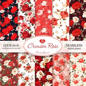 Crimson Rose Seamless Digital Paper Bundle, 18 romantycznych wzorów kwiatowych, ślub, walentynki, scrapbooking, majsterkowanie, 12 x 12 cali