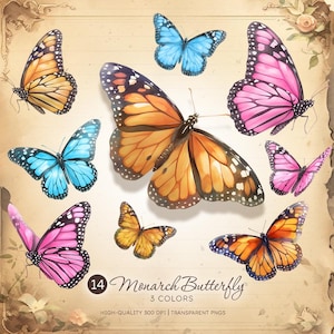 Monarch Butterfly Clipart Bundle, Watercolor Butterflies, Digital Stickers, Scrapbooking, Planner Clipart, Sublimation, PNG, Commercial