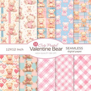 Niedliche Pastell Valentinstag Digitales Papier, Herzen Bär Muster, Liebe, Pastell, Rosa, Scrapbooking, Journaling, DIY Handwerk, Einladungen