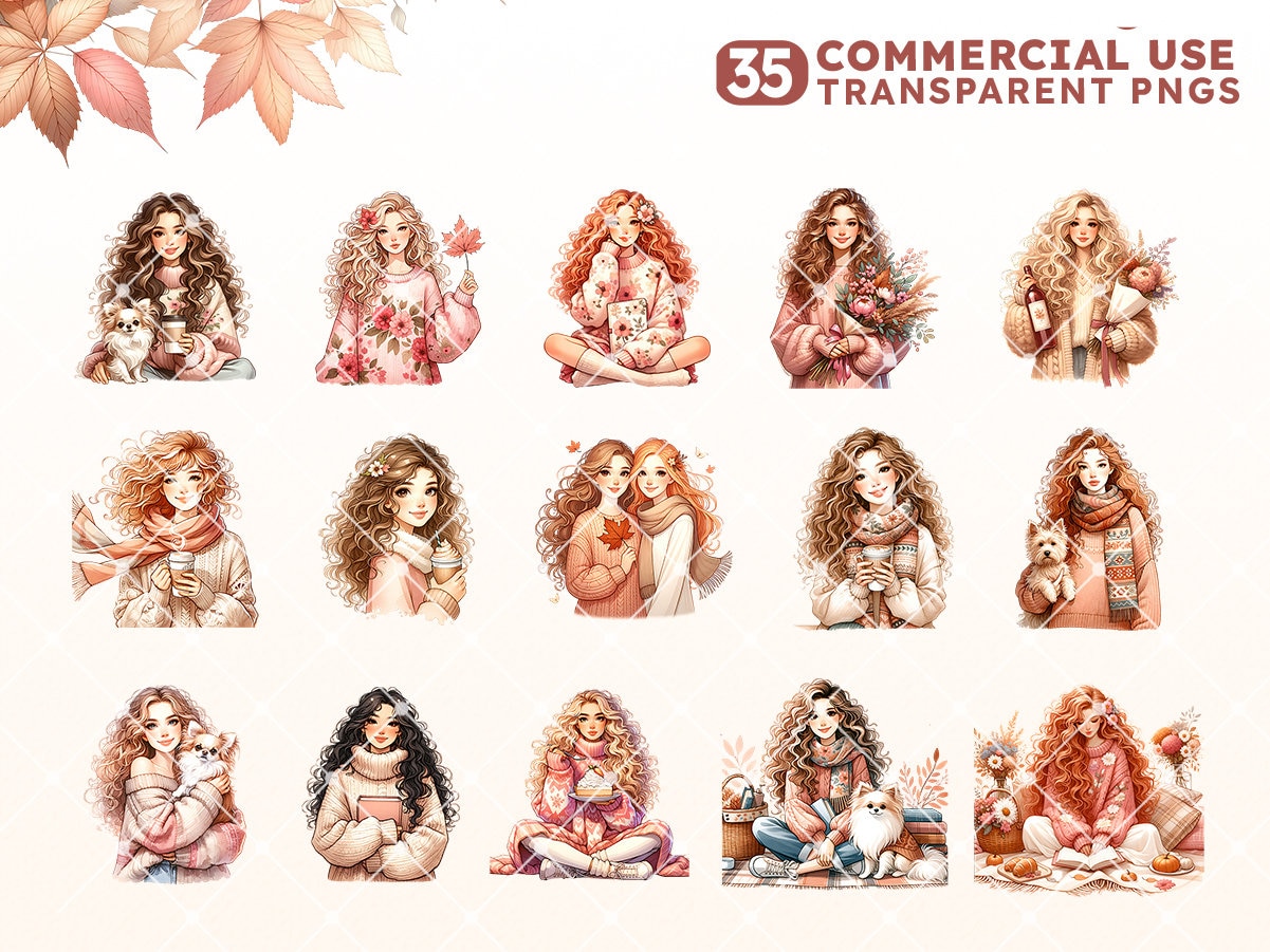 Autumn Girl Watercolor Clipart Bundle: Cozy Fall PNG (commercial Use ...
