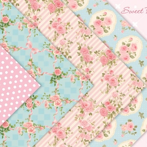 May include: Five different patterned scrapbook papers featuring pink and white floral designs on a light blue background. The papers are arranged in a fan shape and the text "Sweet Peony" is visible in the top right corner.