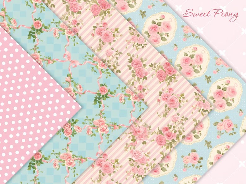 May include: Five different patterned scrapbook papers featuring pink and white floral designs on a light blue background. The papers are arranged in a fan shape and the text "Sweet Peony" is visible in the top right corner.