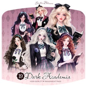 Bundle de clipart Dark Academia Girl, esthétique mode vintage PNG, Coquette Cottagecore Girls, Stickers numériques pour la journalisation et POD