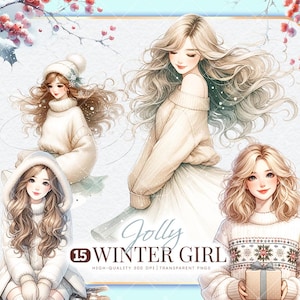 Kawaii Winter Mädchen Clipart Bundle, süße Weihnachtsillustrationen für Urlaub Projekte, Weihnachten, gemütliche Frauen, Einladungen, DIY Handwerk, Aufkleber