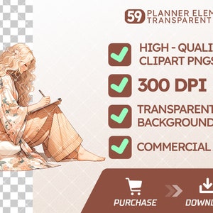 Paquete de imágenes prediseñadas de planificador bohemio: Chicas y gatos en acuarela PNG (descarga digital) imagen 8