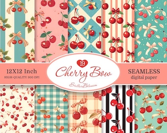 Papel digital Cherry Bow: Patrones vintage sin costuras (JPG, 30 x 30 cm)