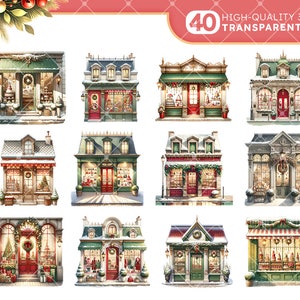 Pode incluir: Conjunto de 40 ilustra&ccedil;&otilde;es digitais de fachadas de lojas de Natal. Cada edif&iacute;cio &eacute; decorado com vegeta&ccedil;&atilde;o festiva, luzes e ornamentos. Os edif&iacute;cios s&atilde;o de v&aacute;rios estilos, incluindo tradicional, vitoriano e moderno.