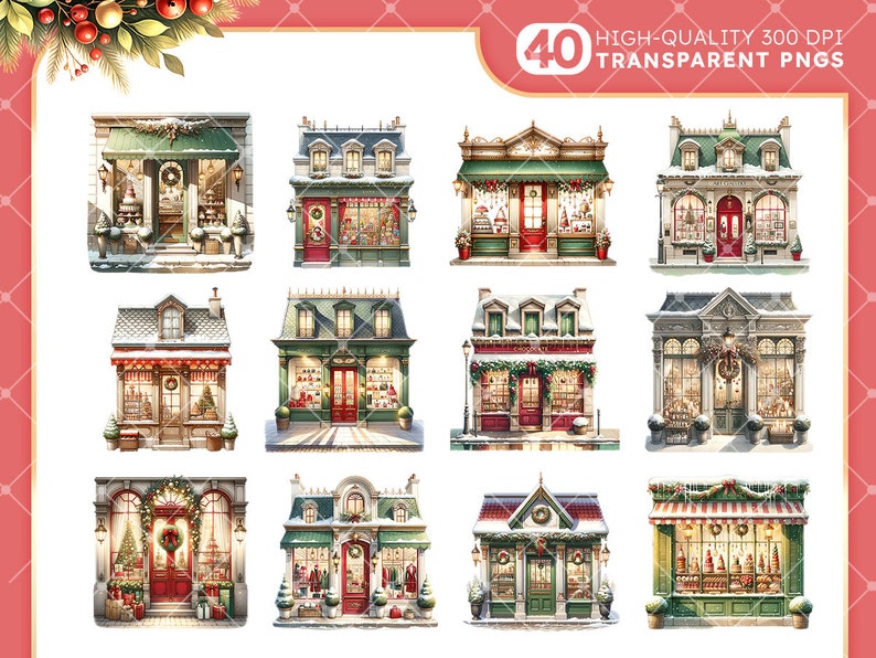 Pode incluir: Conjunto de 40 ilustra&ccedil;&otilde;es digitais de fachadas de lojas de Natal. Cada edif&iacute;cio &eacute; decorado com vegeta&ccedil;&atilde;o festiva, luzes e ornamentos. Os edif&iacute;cios s&atilde;o de v&aacute;rios estilos, incluindo tradicional, vitoriano e moderno.