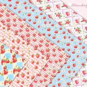 May include: A set of six digital paper patterns featuring strawberries and flowers on a pink and blue background. The patterns are perfect for scrapbooking, card making, and other craft projects.  Strawberry Bliss.