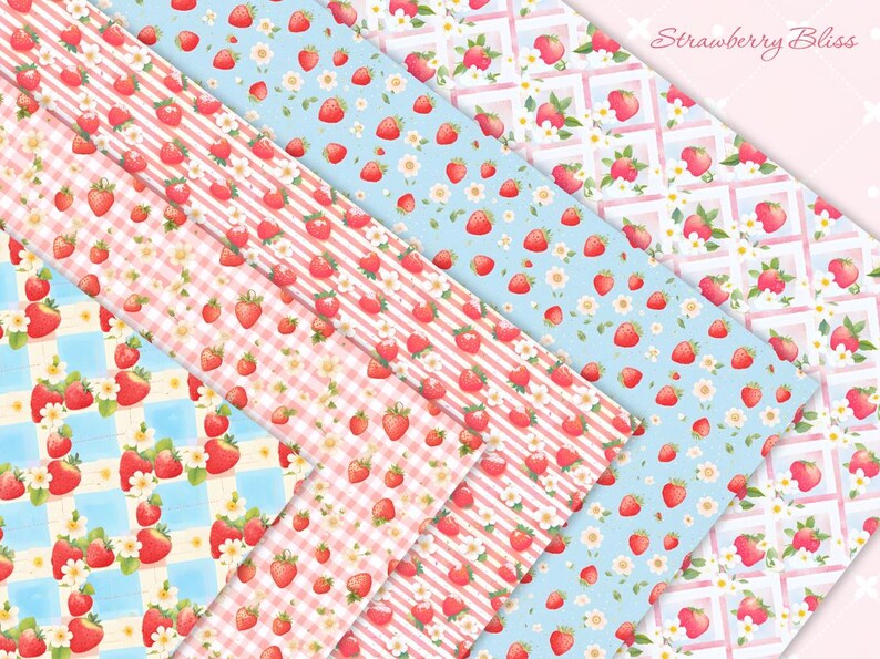 May include: A set of six digital paper patterns featuring strawberries and flowers on a pink and blue background. The patterns are perfect for scrapbooking, card making, and other craft projects.  Strawberry Bliss.