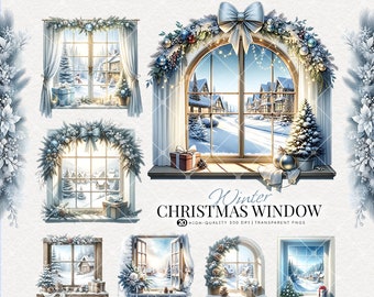 Pacote de clipart de janela de Natal em aquarela: cenas de vilas nevadas (download digital)