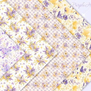 May include: Four digital paper designs featuring a watercolor floral pattern with purple and yellow flowers on a white background. The designs include a floral pattern, a gingham pattern, and two different floral patterns. The text "Purple Harmony" is in the upper right corner of the image.