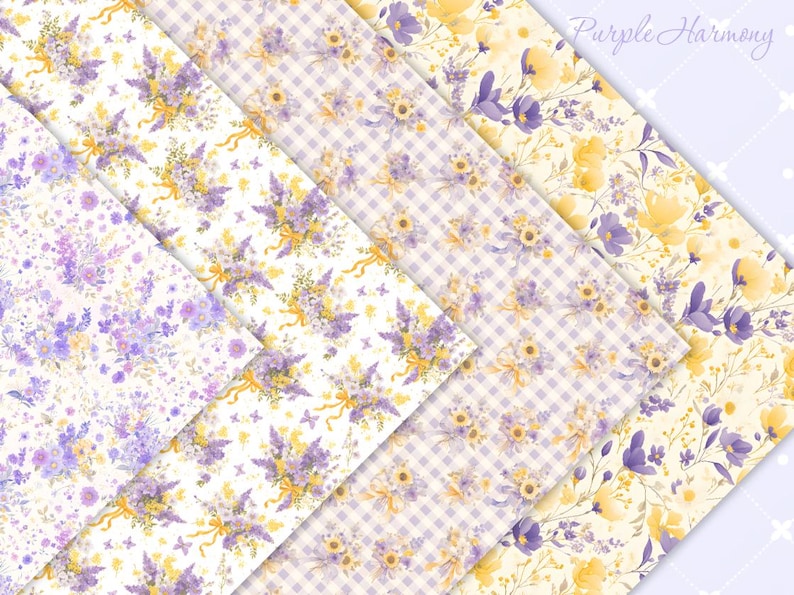 May include: Four digital paper designs featuring a watercolor floral pattern with purple and yellow flowers on a white background. The designs include a floral pattern, a gingham pattern, and two different floral patterns. The text "Purple Harmony" is in the upper right corner of the image.