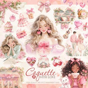 Bundle de cliparts coquette Saint-Valentin, romantique, couple amoureux confortable, coeur rose, kawaii, romantique, vintage, journalisme PNG, imprimable utilisation commerciale
