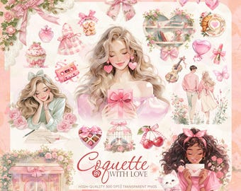 Coquette Valentine Clipart Bundle, Romantic, Cozy Love Couple,Pink heart ,Kawaii,Romantic,Vintage,Journalling PNG, Printable Commercial use