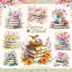 Paquete de imágenes prediseñadas de libros con flores de primavera, imágenes prediseñadas de flores de estilo cottagecore, cottagecore, ilustraciones de libros con flores vintage PNG, diario, manualidades de bricolaje
