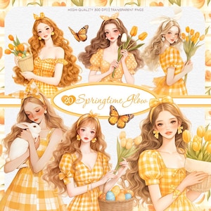 Bundle de cliparts printemps, aquarelle Pâques fille PNG, Clipart printemps esthétique jaune, autocollants numériques floraux tulipe, Art Pastel doux PNG