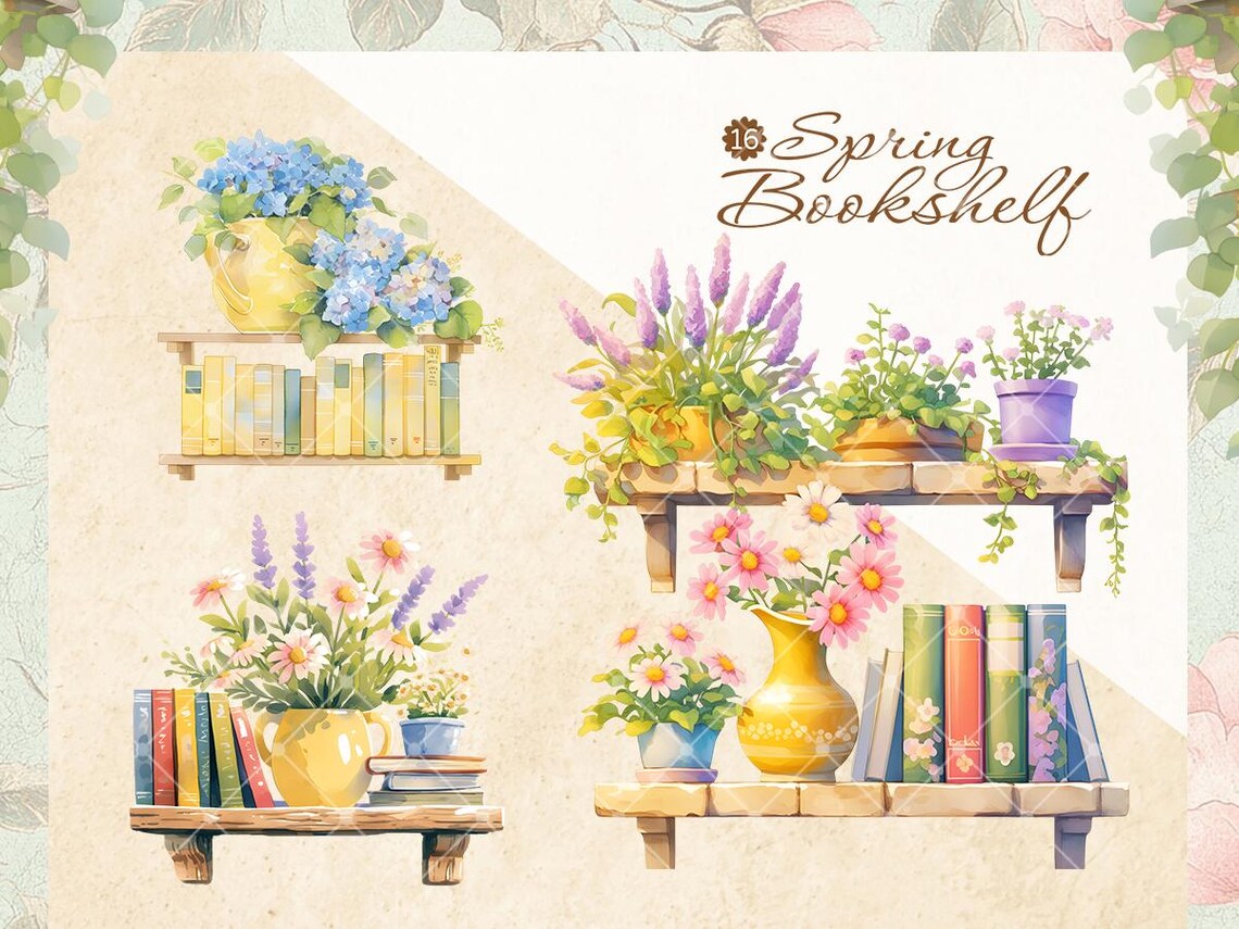 Watercolor Spring Bookshelf Clipart: Floral Vases, Greenery (instant ...