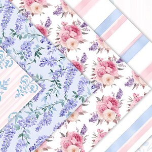 May include: A collection of patterned papers featuring floral and botanical designs. The patterns include bouquets of pink roses, lavender wisteria, and striped and damask patterns in pastel colors. The papers are arranged at angles.