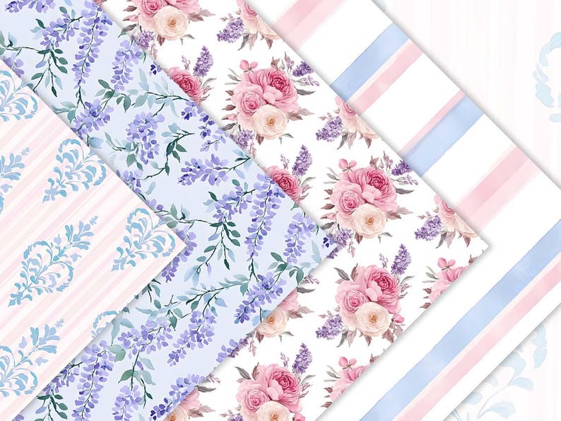 May include: A collection of patterned papers featuring floral and botanical designs. The patterns include bouquets of pink roses, lavender wisteria, and striped and damask patterns in pastel colors. The papers are arranged at angles.