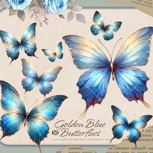Blau & Gold Schmetterling Clipart Bundle, eleganter Schmetterling PNG, Scrapbooking, Junk Journal, Handwerk, Journaling, druckbare Aufkleber, kommerziell