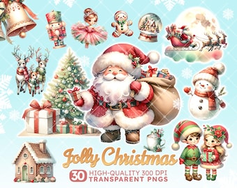Pacote de clipart de Papai Noel alegre: gráficos PNG de Natal (uso comercial)