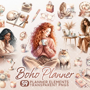 Pacchetto Clipart Boho Planner, Diario Acquerello, Ragazza Planner Accogliente, Adesivi Clipart Belle Ragazze, PNG Gatto, Clipart Stampabile Planner