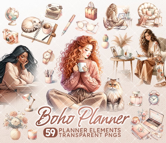 Boho Planner Clipart Bundle: Watercolor Girls & Cat PNG (Digital Download)