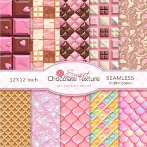 Op de afbeelding: 27 digitale papieren met chocolade- en roze patronen. De papieren zijn 12x12 inch groot en van hoge kwaliteit 300 DPI. De tekst "Sweet Chocolate Texture" staat op de afbeelding.