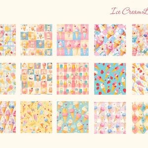 May include: A digital paper pack with 12 different patterns featuring ice cream cones, popsicles, and other sweet treats in a variety of colours. The patterns are perfect for scrapbooking, card making, and other craft projects.