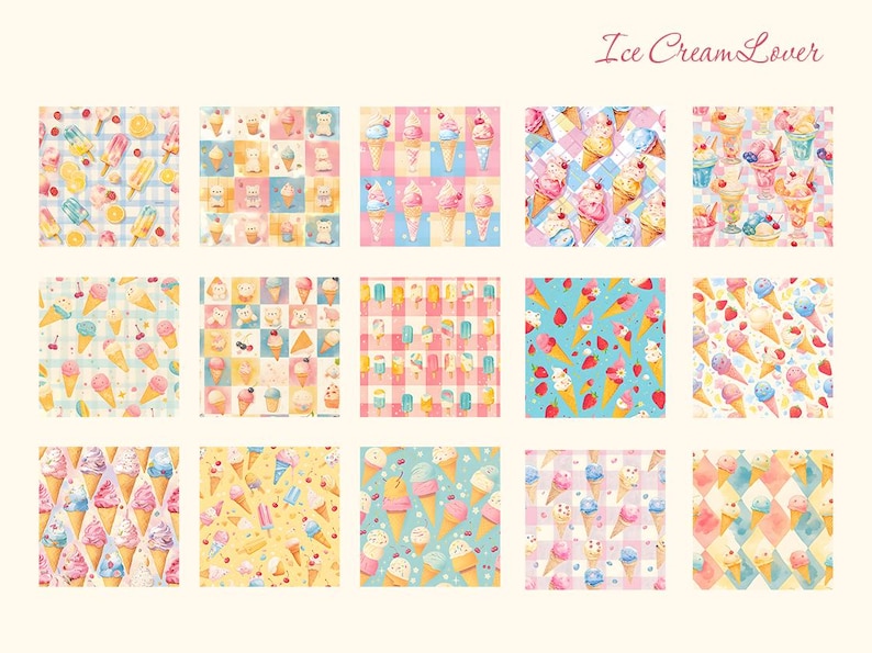 May include: A digital paper pack with 12 different patterns featuring ice cream cones, popsicles, and other sweet treats in a variety of colours. The patterns are perfect for scrapbooking, card making, and other craft projects.