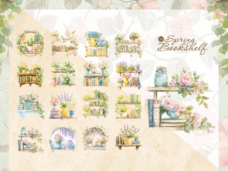 Watercolor Spring Bookshelf Clipart: Floral Vases, Greenery (instant ...