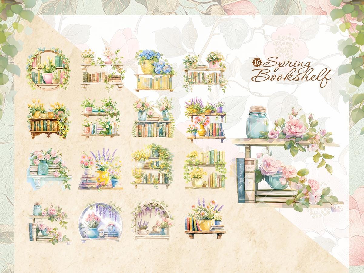 Spring Bookshelf Watercolor Clipart Bundle, Pastel Floral Shelves With ...