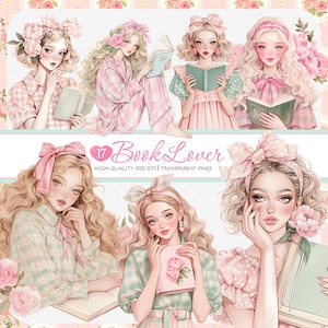 Clipartbundel boekenliefhebber, pastel vintage meisjes, pioenroos, florale elementen, digitale kunst scrapbooking, doe-het-zelf, esthetische leesgrage stickers
