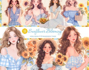 Sunflower Girl Clipart Bundle: Gingham Cottagecore PNG (Transparent Background)