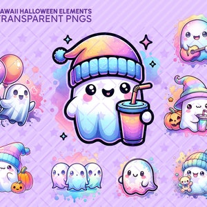 May include: A set of 43 digital clipart images featuring cute, cartoon ghosts in various poses and outfits. The ghosts are wearing hats, holding drinks, playing music, and floating with balloons. The images are in a watercolor style with a pastel color palette.