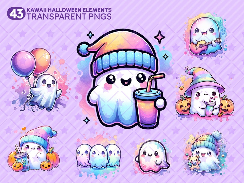 May include: A set of 43 digital clipart images featuring cute, cartoon ghosts in various poses and outfits. The ghosts are wearing hats, holding drinks, playing music, and floating with balloons. The images are in a watercolor style with a pastel color palette.