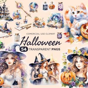 Watercolor Halloween Clipart bundle, Witches and Cats, Spooky Halloween Clipart, Cute Halloween PNG, Commercial Use, Vintage halloween