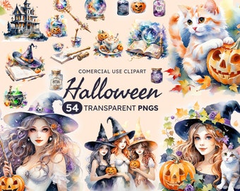 Watercolor Halloween Clipart Bundle: Witches, Cats, Spooky PNG (Commercial Use)