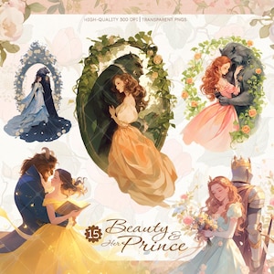 Beauty & Prince Clipart Bundle, Fairytale, Beast Prince, Princess Couple Journaling Scrapbooking Crafts Sticker Planner Instant Download