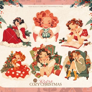 Retro Cozy Christmas Girl Clipart Bundle, Vintage Holiday Illustrations, Nostalgic Christmas PNGs,  Crafts, Journals, Stickers, Sublimation