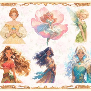 May include: A digital illustration of six women with different hairstyles and clothing. The women are depicted in a whimsical style with soft colors and delicate features.